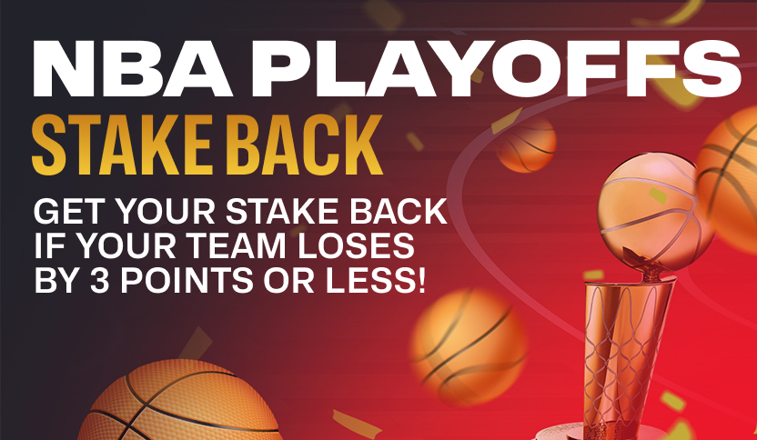 NBA Playoffs betting promotion featuring "Stake Back if your team loses by 3 points or less!" text, with basketballs and the Larry O'Brien Championship Trophy over a red and gold background.