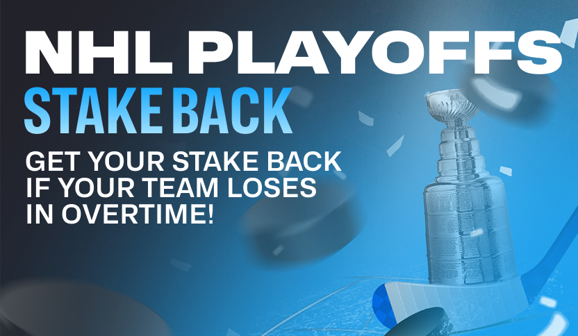 NHL Playoffs betting promotion featuring "Stake Back if your team loses in overtime!" text, with the Stanley Cup, hockey pucks, and a hockey stick over a blue and black ice-themed background.