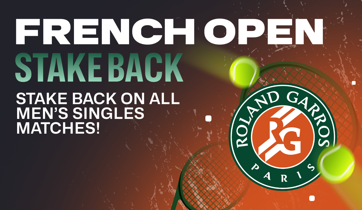 French Open betting promotion featuring "Stake Back on all men's singles matches!" text, with the Roland-Garros Paris logo, tennis rackets, and blurred tennis balls over a clay-court orange and dark grey background.