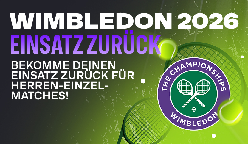 Wimbledon 2026 betting promotion featuring "Stake Back on all men's singles matches!" text, with The Championships Wimbledon logo, tennis rackets, and blurred tennis balls over a green and dark grey background.