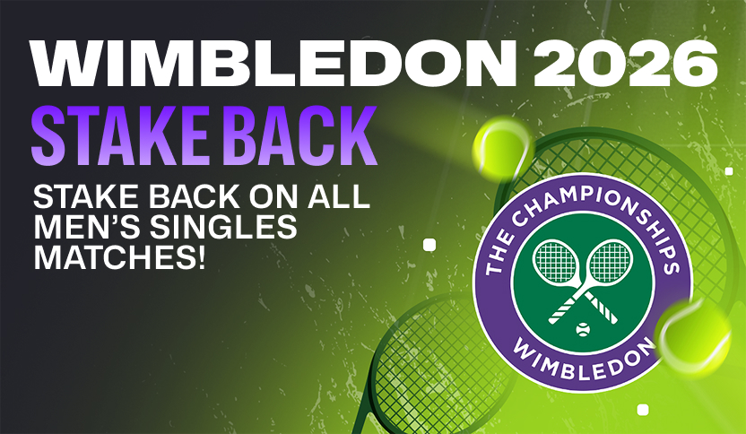 Wimbledon 2026 betting promotion featuring "Stake Back on all men's singles matches!" text, with The Championships Wimbledon logo, tennis rackets, and blurred tennis balls over a green and dark grey background.