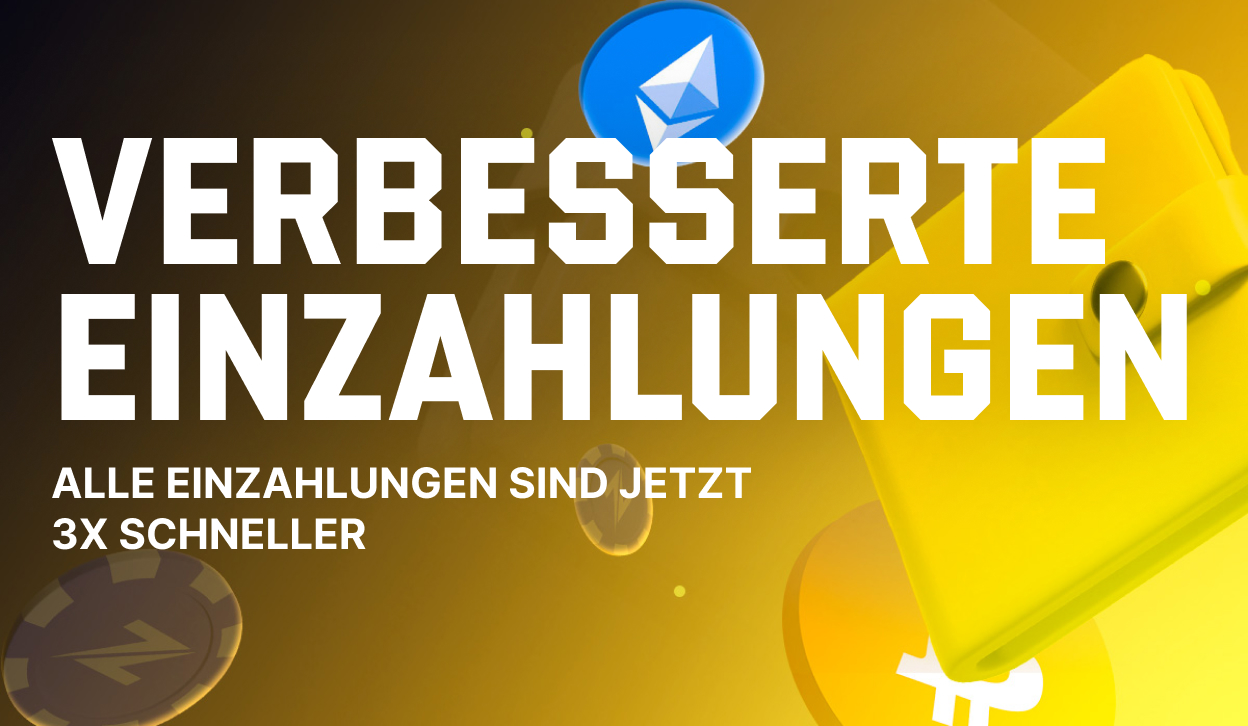 An image that describes the ultra-fast deposits at Razed Crypto Casino. The headline shows "Improved Deposits" in large letters. The subheader under the main headline is "All deposits are now 3x faster!". In the background there is a yellow wallet on top of an illustrated yellow bitcoin coin. Further away you see a blue ethereum coin and in the left bottom corner a chip with the Razed logo "Z" on it.