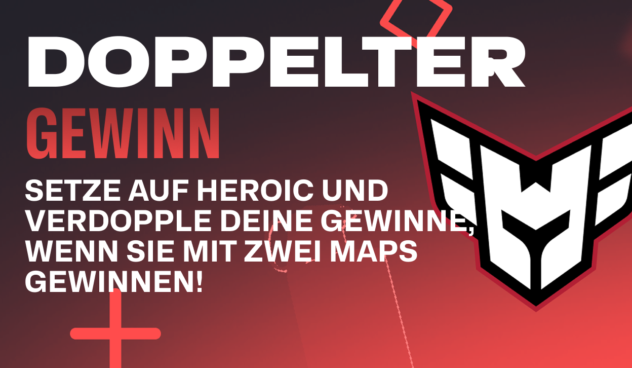 Image for the Double HEROIC CS2 Betting Promotion campaign. The main headline for the image is "Double Profit", with the subheader "Bet on Heroic and get double profit if they win by 2 maps!". On the left of the text the Heroic logo is shown. The background of the image is in red and black and has patterns with a plus and a couple of quadrants on it.