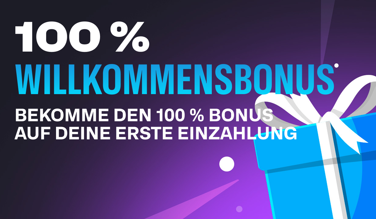 An image describing the Razed welcome bonus with the text "Get 100% welcome bonus" in large letters. Subheader "Get a 100% bonus on your first deposit". On the right of the text there's a blue gift box. The background is black and purple .