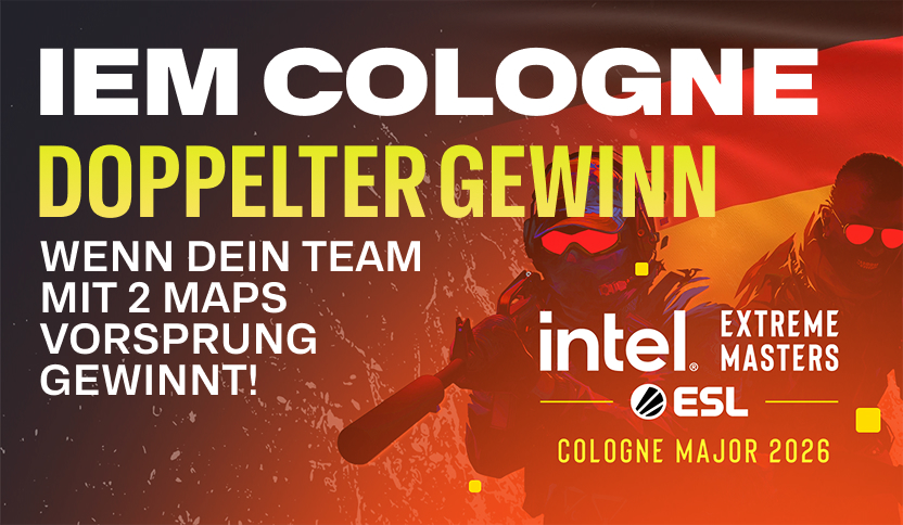 IEM Cologne Major 2026 esports promotion featuring "Double Profit if your team wins by 2 maps" text, with Intel Extreme Masters and ESL logos over a stylized German flag themed background.