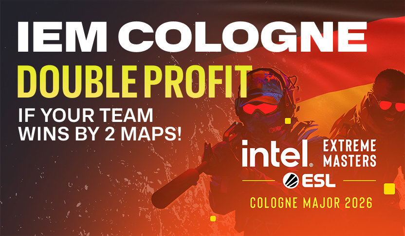 IEM Cologne Major 2026 esports promotion featuring "Double Profit if your team wins by 2 maps" text, with Intel Extreme Masters and ESL logos over a stylized German flag themed background.