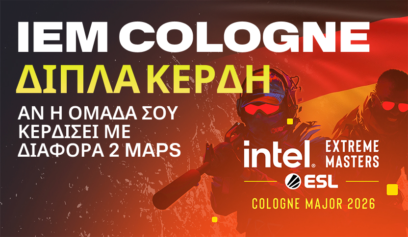 IEM Cologne Major 2026 esports promotion featuring "Double Profit if your team wins by 2 maps" text, with Intel Extreme Masters and ESL logos over a stylized German flag themed background.