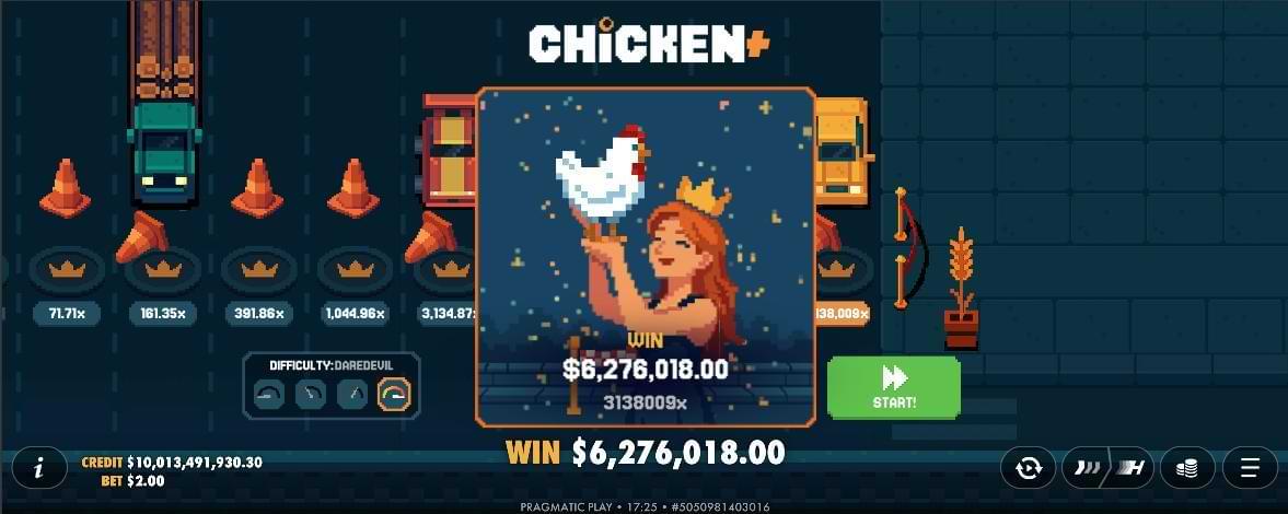 Gameplay screenshot of Chicken Plus showing an 8-bit retro highway, traffic cones, and a central win window featuring a princess holding a white chicken with a payout of over six million dollars