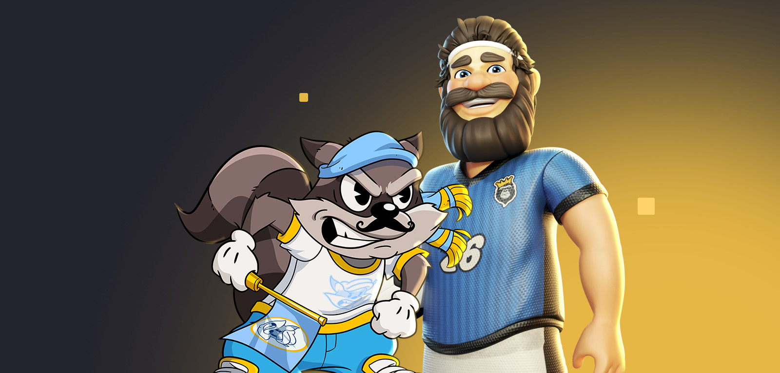 Featured image for an article about the best football gambling games, showcasing a cartoon illustration of an angry, mustachioed raccoon mascot waving a fan flag next to a smiling, bearded human character dressed in a blue sports jersey with the number 26.