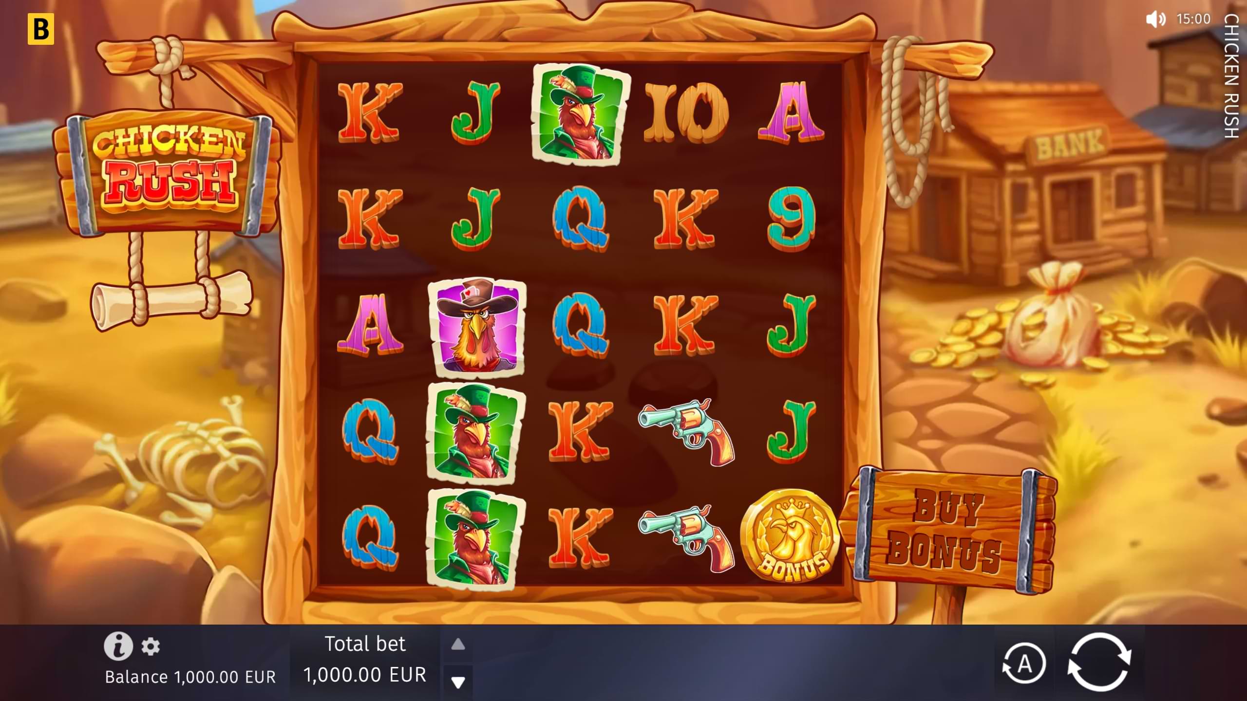 The interface of the Chicken Rush casino slot by BGaming, set in a wild west town background with a wooden frame holding symbols like revolvers and rooster characters in cowboy hats