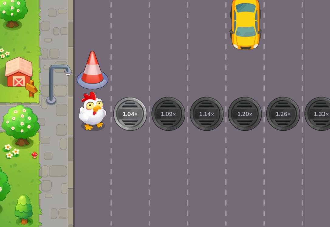 A cartoon chicken standing next to a traffic cone on a multi-lane road, with progressive multiplier values displayed on manhole covers across the lanes in the Razed Un-Originals title Cross the Road 