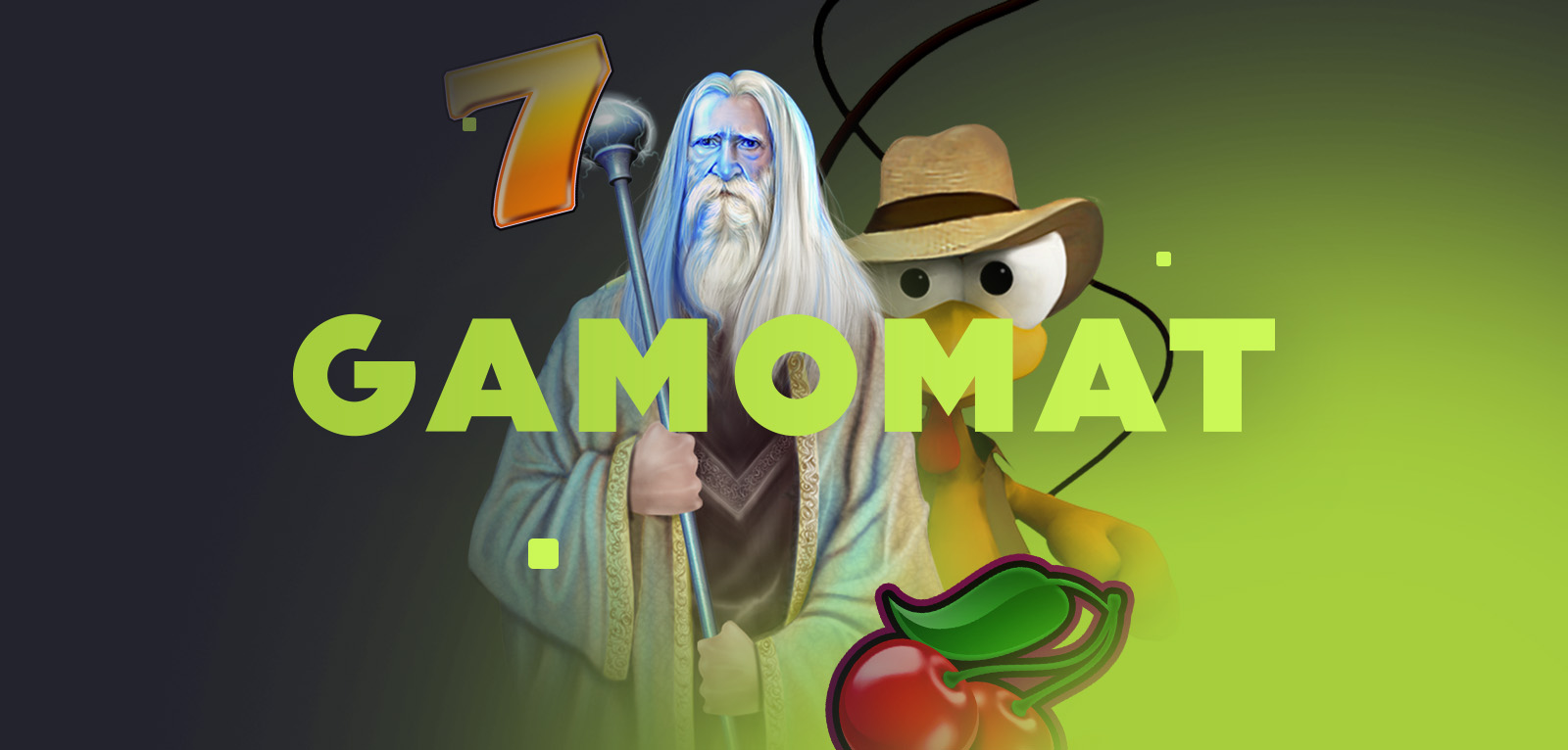 Gamomat casino provider logo overlaying a wizard character, a cartoon bird in a hat, and classic slot symbols like a lucky 7 and cherries on a neon green and black gradient background.