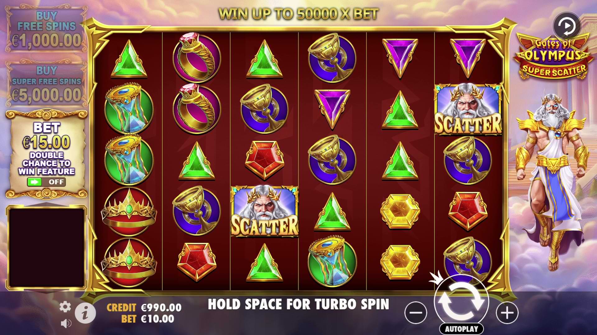 Pragmatic Play's Gates of Olympus Super Scatter slot base game interface showing a 6x5 grid with gems, rings, hourglasses, and two Zeus scatter symbols next to a 50,000x max bet header