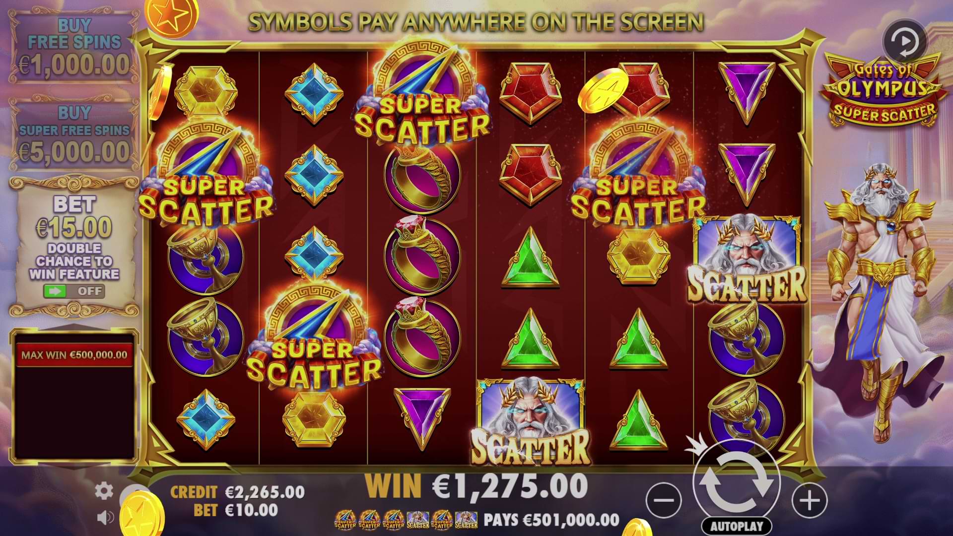 Pragmatic Play's Gates of Olympus Super Scatter slot game screen showing a big win with four Super Scatter symbols and two regular Zeus Scatter symbols landing on the reels
