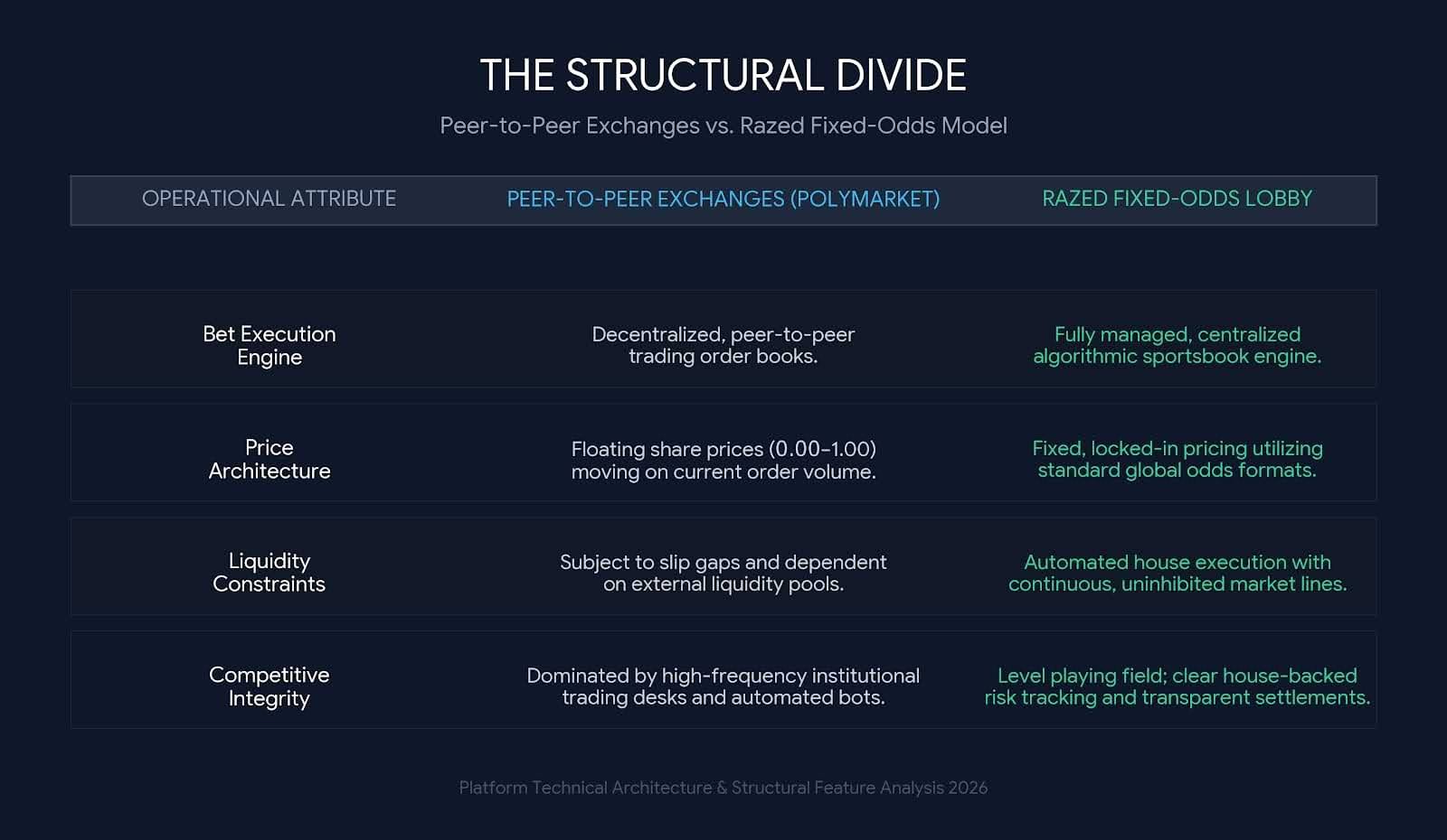 A dark-themed informational comparison graphic titled 'The Structural Divide: Peer-to-Peer Exchanges vs. Razed Fixed-Odds Model.' The visual chart breaks down operational attributes across four rows: Bet Execution Engine, Price Architecture, Liquidity Constraints, and Competitive Integrity. It features a blue accented column for traditional decentralized peer-to-peer exchange models alongside a green accented column outlining Razed's automated house execution and stable fixed-odds configuration.