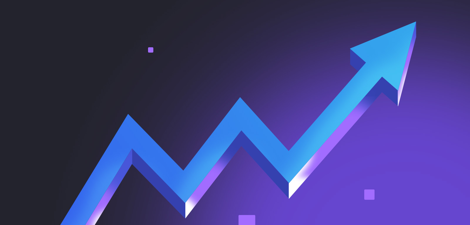 A conceptual 3D blue arrow zig-zagging upward against a purple gradient background, illustrating the slot volatility meaning through a high-variance growth chart.