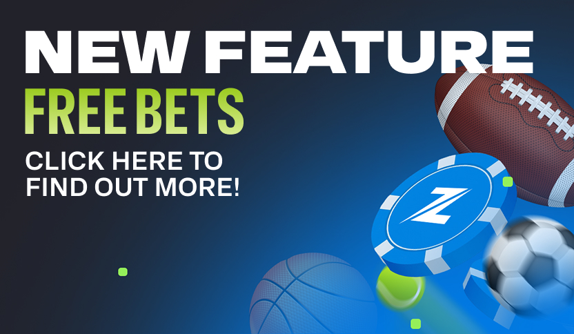Razed Casino promotional banner announcing a 'New Feature: Free Bets' with a call to action to 'Click here to find out more!' featuring floating sports graphics including a football, soccer ball, basketball, and a blue 'Z' casino chip.