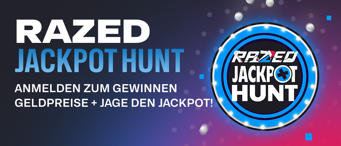 An image with the text "Razed Jackpot Hunt" as main text, with the subheader "Opt in to win cash prizes + chase the jackpot!". On the right a casino chip bearing the text "Razed Jackpot Hunt". The background is in a gradient black, blue and red hue, from the left to right.