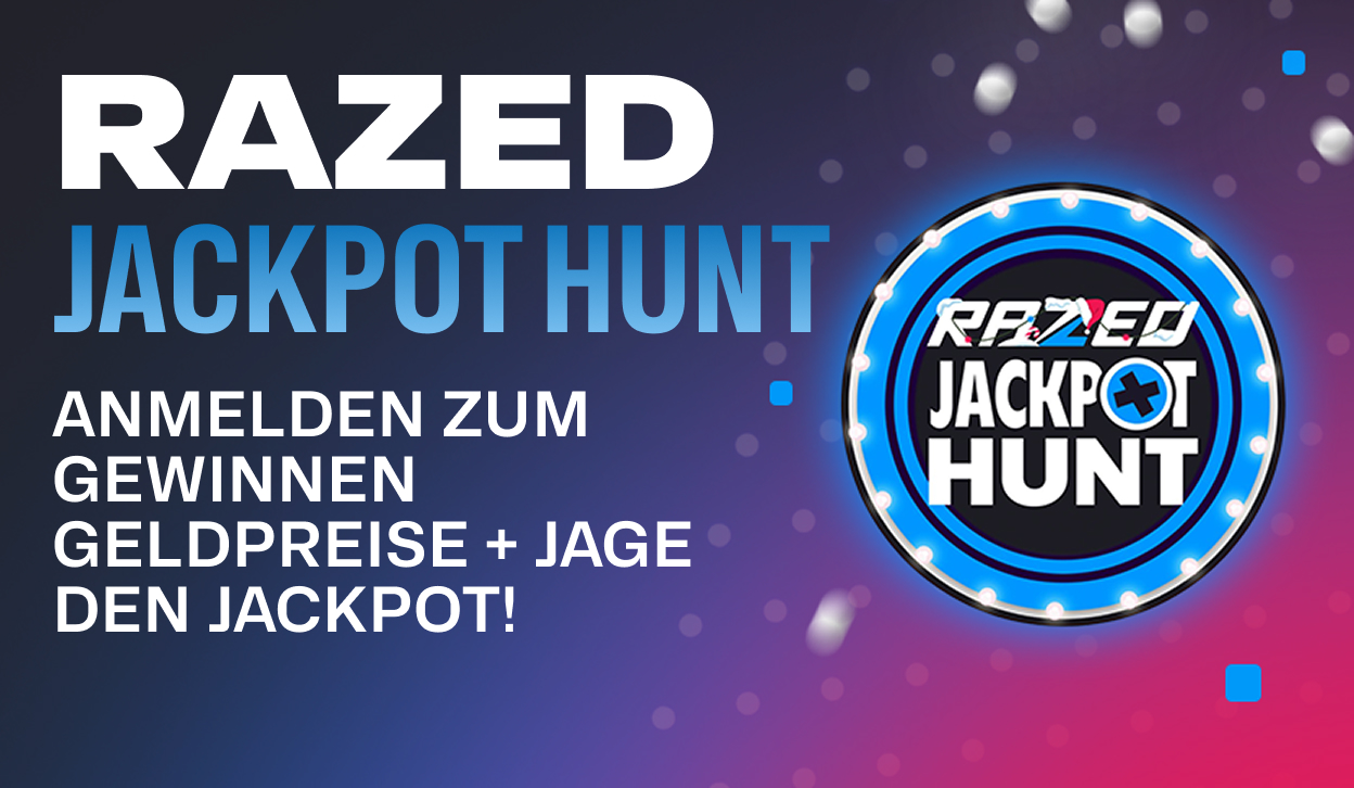 An image with the text "Razed Jackpot Hunt" as main text, with the subheader "Opt in to win cash prizes + chase the jackpot!". On the right a casino chip bearing the text "Razed Jackpot Hunt". The background is in a gradient black, blue and red hue, from the left to right.